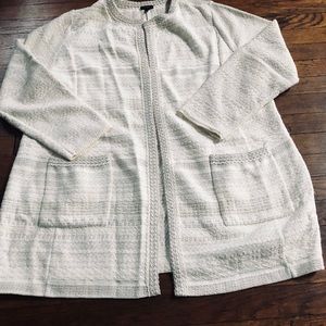 Talbots Ivory Metallic Stripe Textured Knit Open Front Cardigan